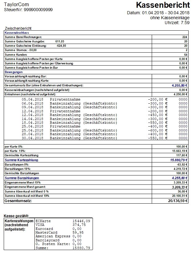 Kassenbericht Kassenbuch