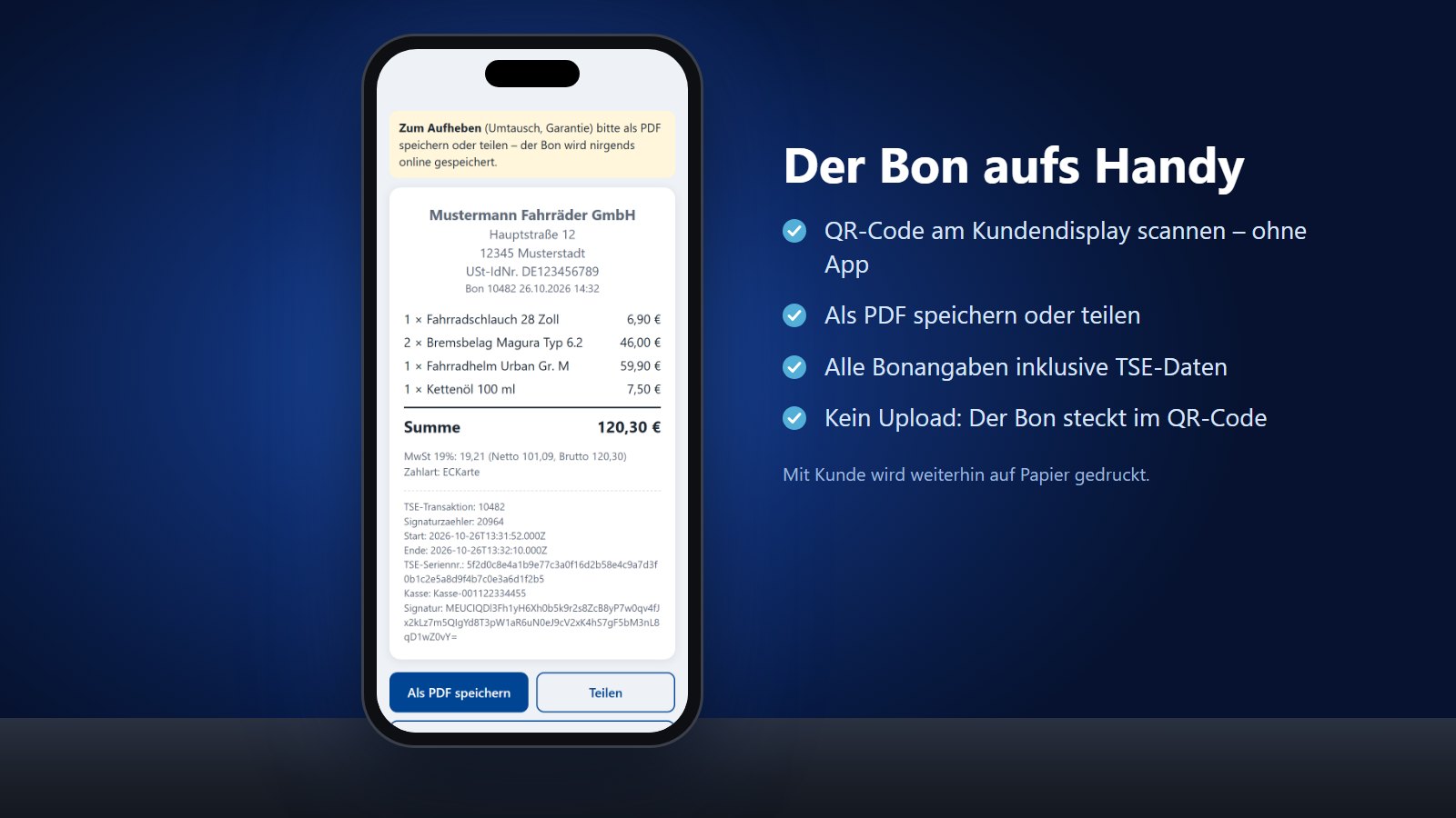 Digitaler Kassenbon auf dem Handy mit Positionen, Summe, MwSt und TSE-Daten