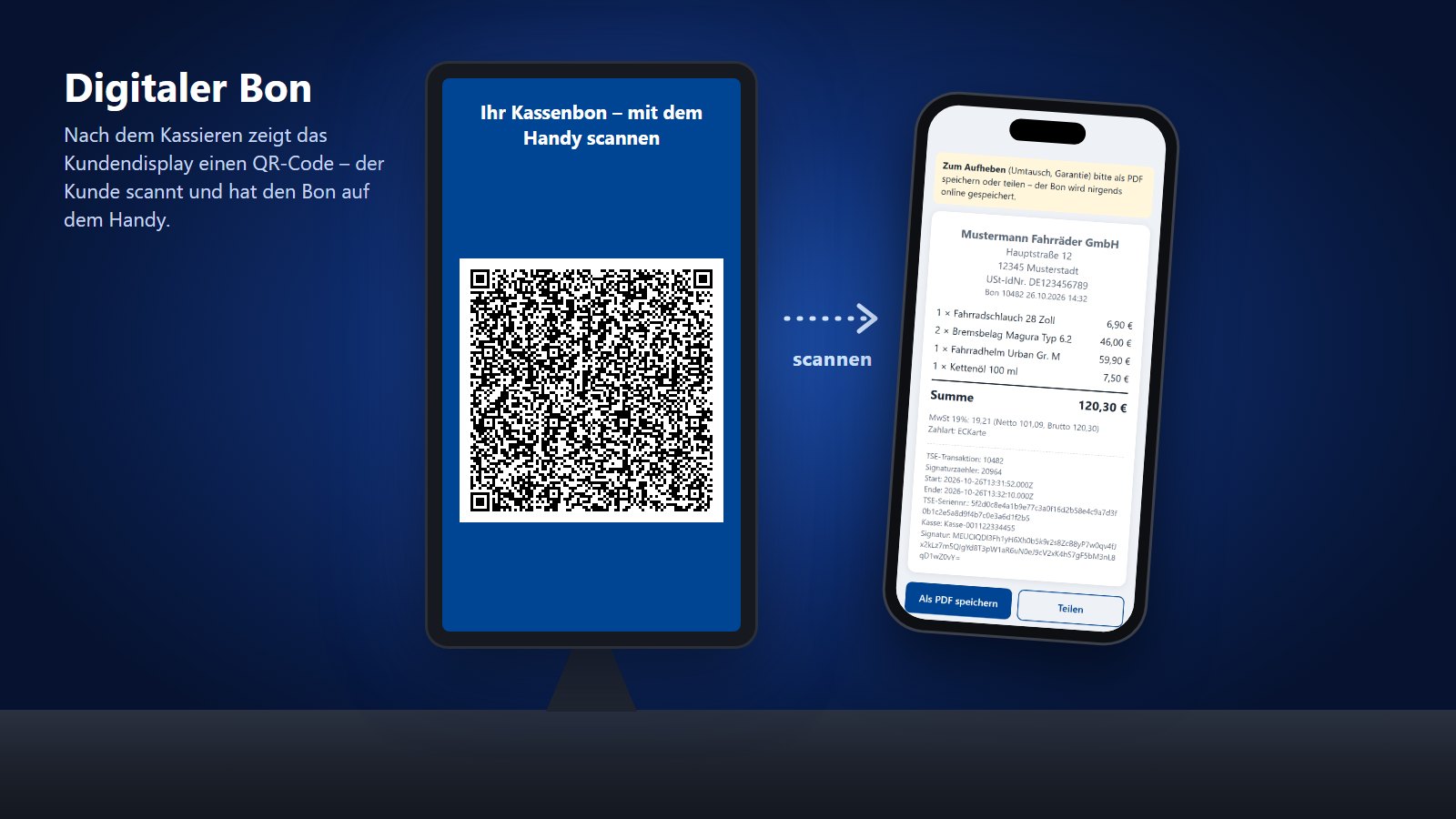 QR-Code auf dem Kundendisplay, der Kunde scannt ihn mit dem Handy