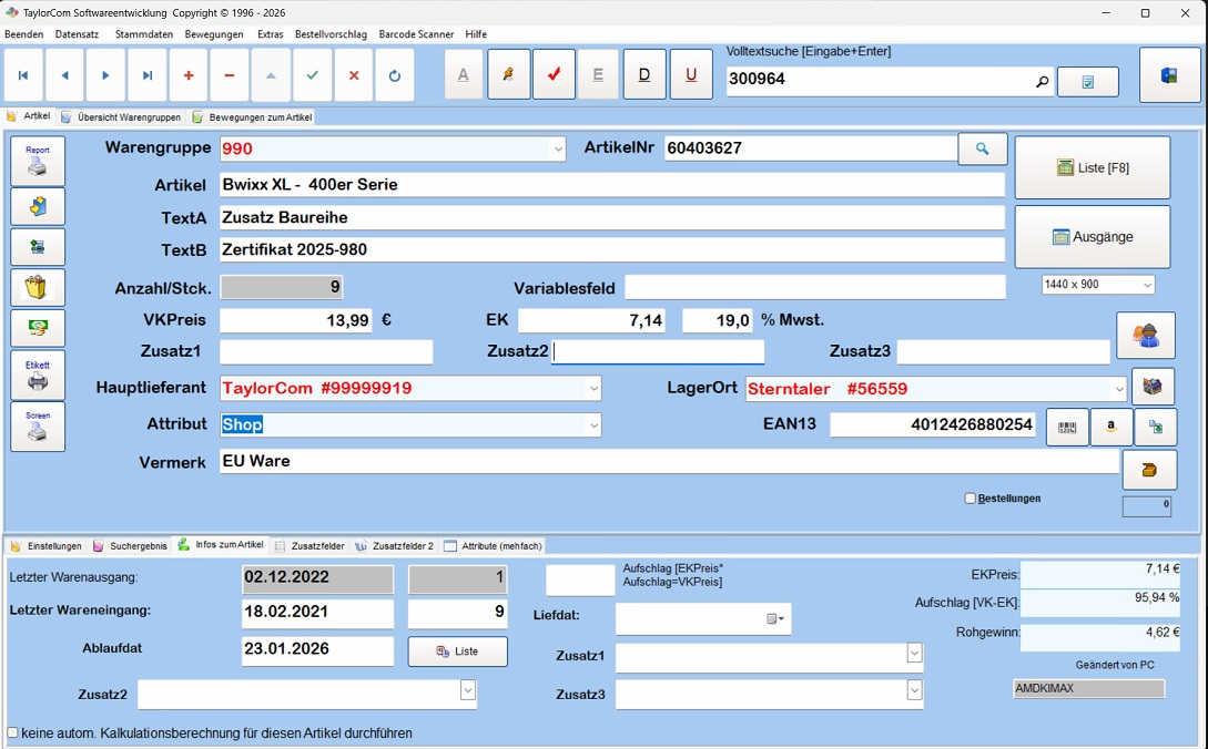 LAGER 6000 Lagersoftware - Artikelverwaltung mit Barcode, Lieferanten und Bestandsfuehrung