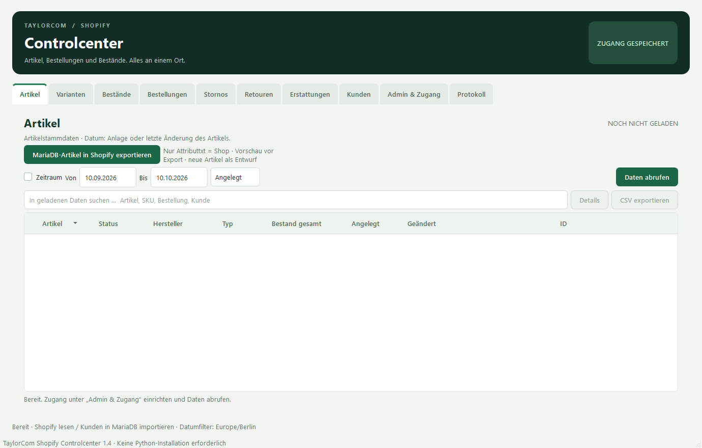 Shopify Controlcenter: Artikelübersicht mit Artikelexport, Suche und CSV-Export