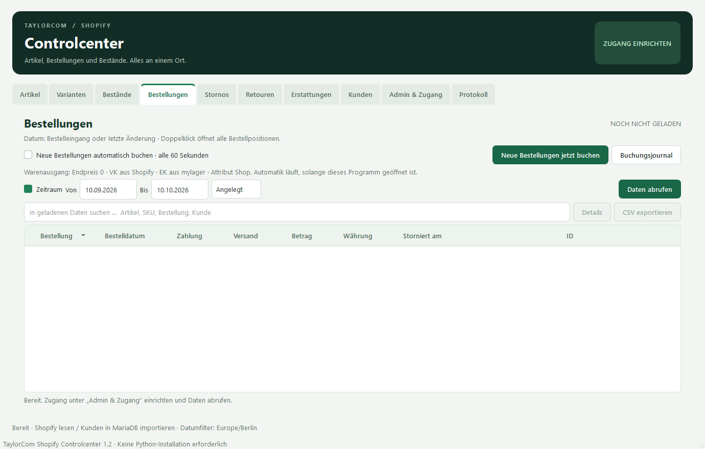 Shopify Controlcenter: Bestellansicht mit automatischer Buchung und Buchungsjournal